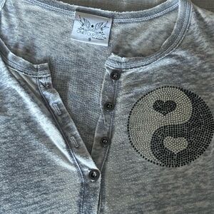OneFourteen Gray Button-Up Top Ying yang Swarovski crystals